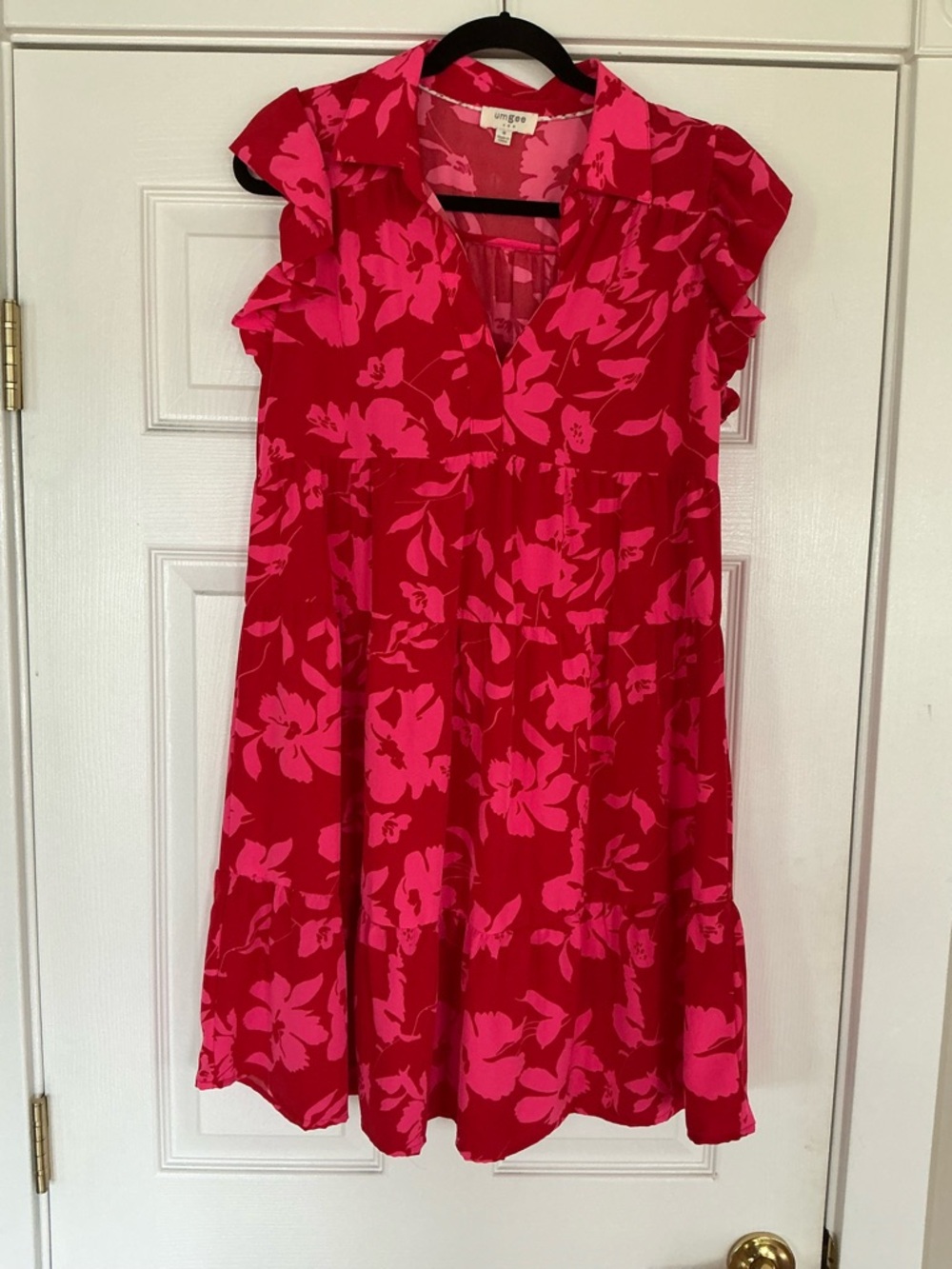 Umgee Hot Pink and Fuchsia Floral Flutter Sleeve Dress